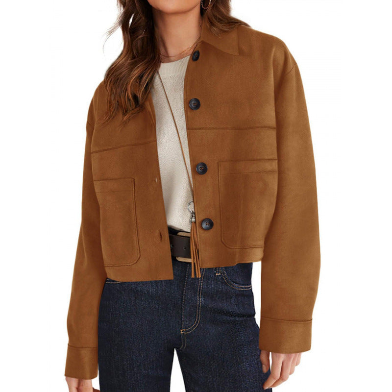 Women's Faux Suede Cropped Jacket Button Front