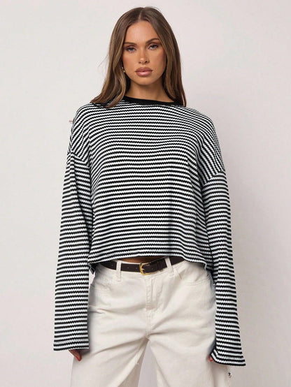 Brown Striped Long Sleeve Knit Top Oversized Casual Tee