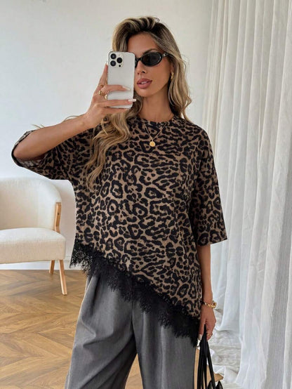 Lace Trim T Shirt Loose Fit Short Sleeve Top