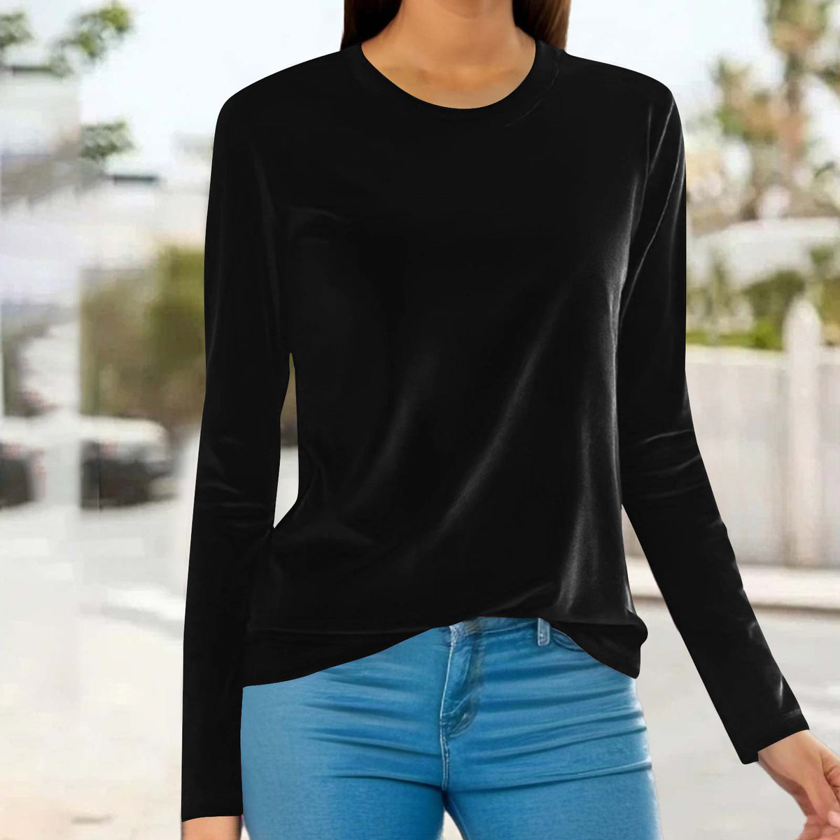 Women's Velvet Long Sleeve Crew Neck Top