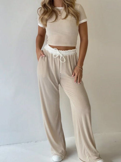 Ribbed Contrast Trim Crop Top Wide Leg Pants Set