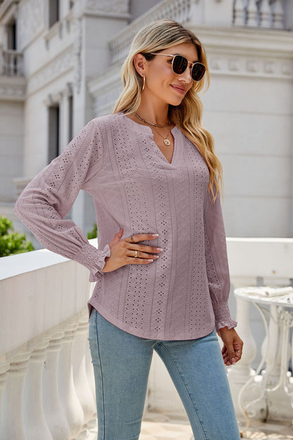 Women's Eyelet V-Neck Long Sleeve Ruffle Cuff Loose Blouse