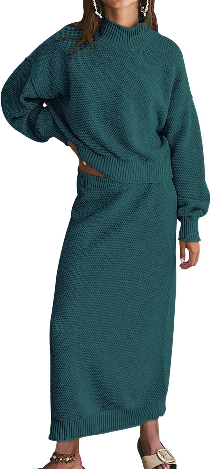 Women's Knit Two Piece Set Mock Neck Sweater Midi Skirt