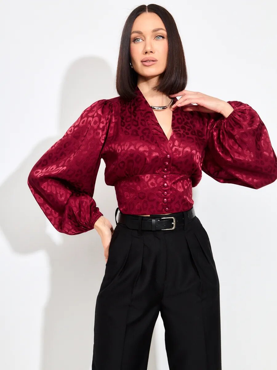 Women's Leopard Jacquard V-Neck Balloon Sleeve Blouse
