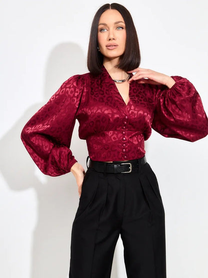 Women's Leopard Jacquard V-Neck Balloon Sleeve Blouse