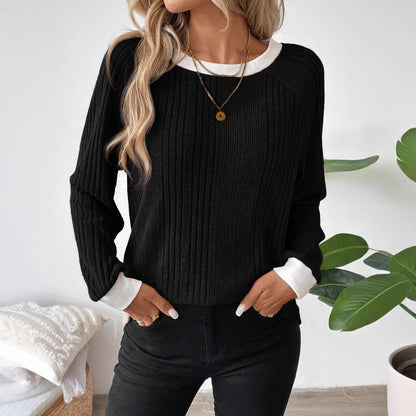 Women's Color Block Ribbed Crew Neck Long Sleeve Sweater
