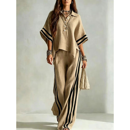 Women's Striped Oversized Shirt Wide Leg Pants 2 Piece Set