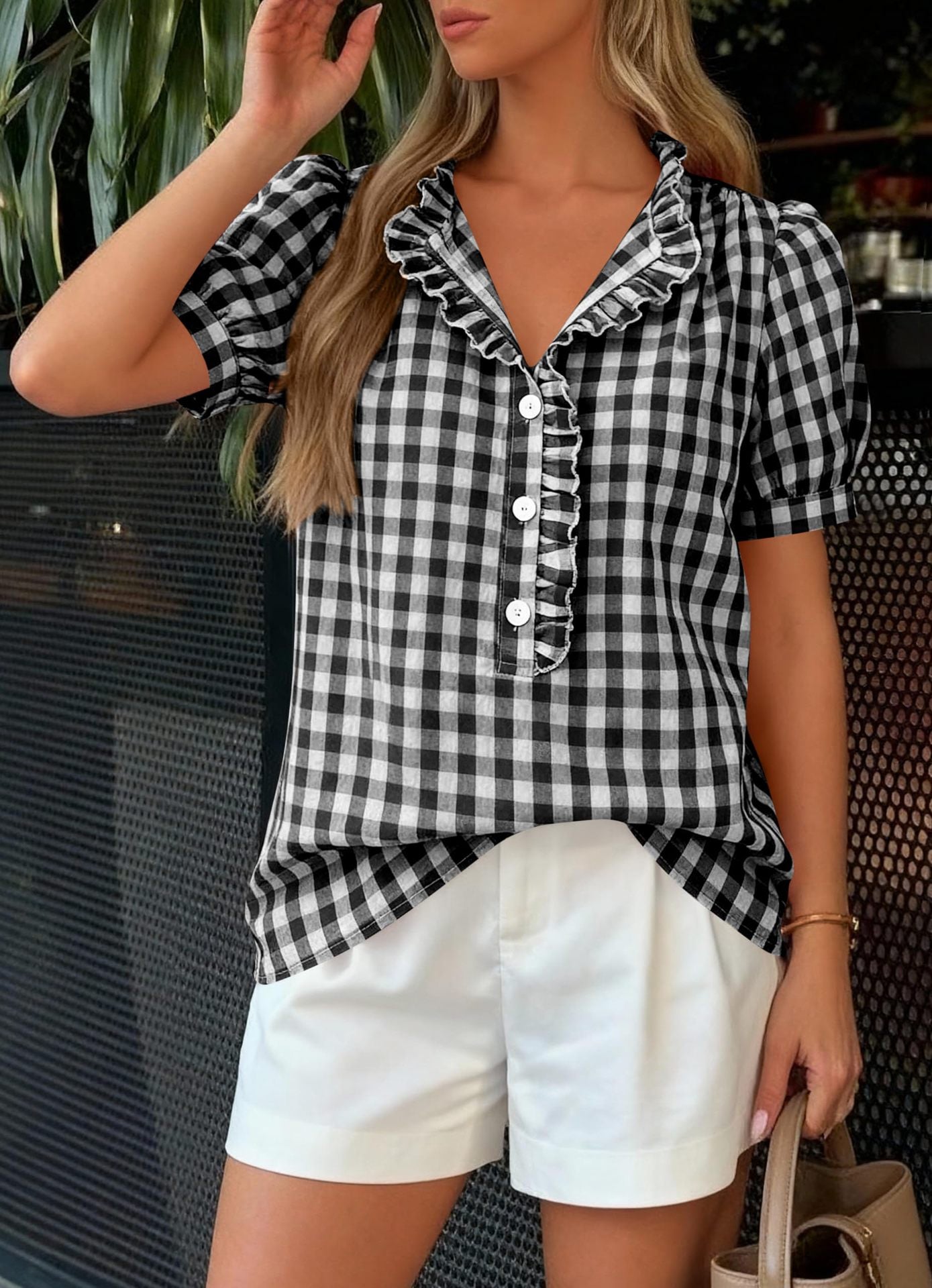 Gingham Ruffle Puff Sleeve Button Blouse Top