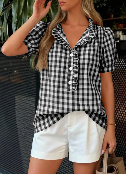 Gingham Ruffle Puff Sleeve Button Blouse Top