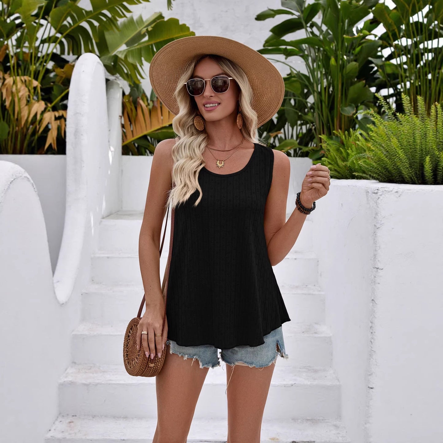 Spring Summer Loose Round Neck Sleeveless Tee for Women