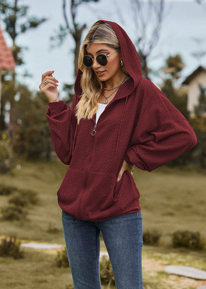Oversized Textured Zip-Up Hoodie Jacket Pockets