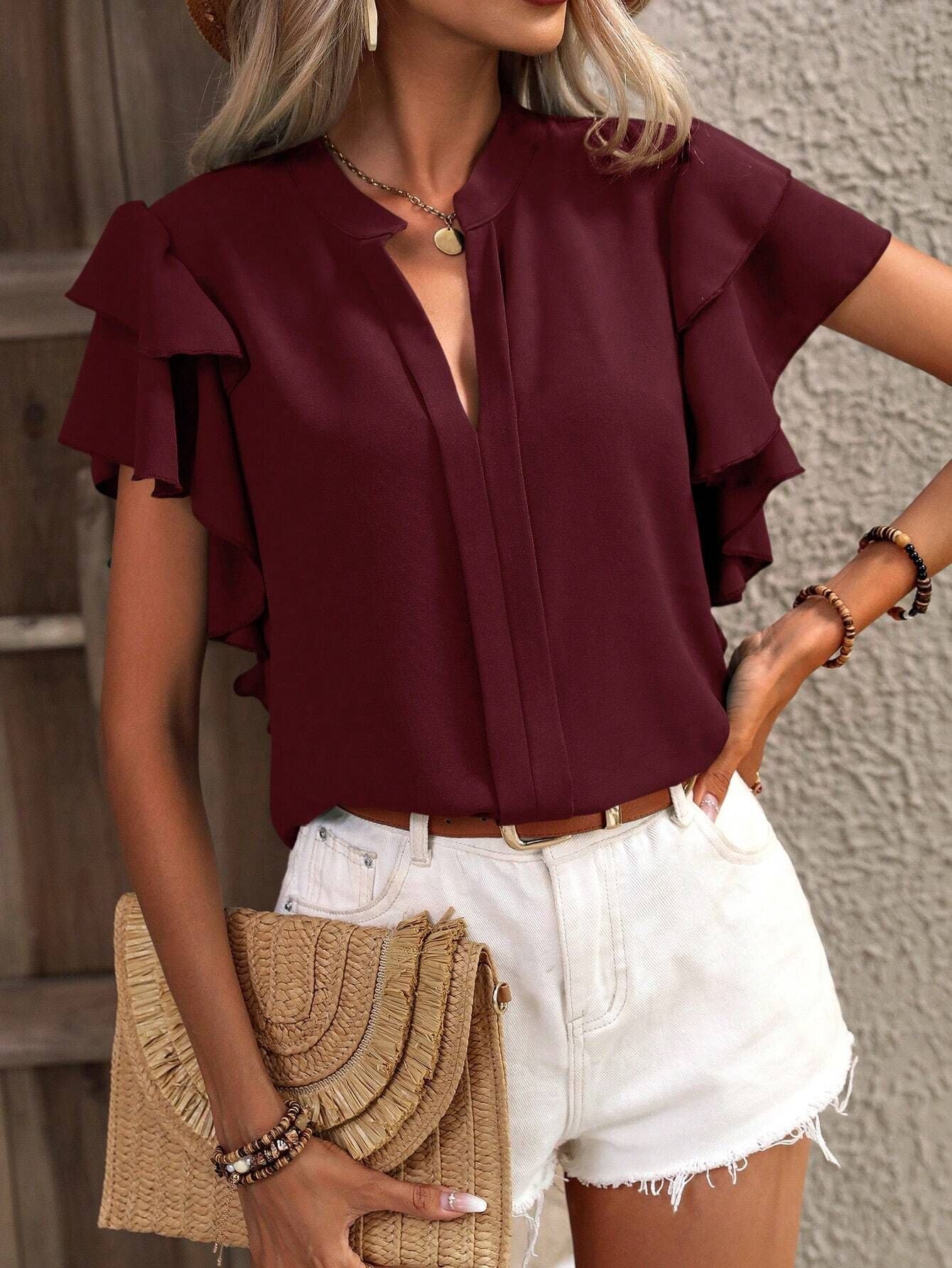 V-Neck Double-Layer Lotus Leaf Sleeve Solid Color Casual Top for Women