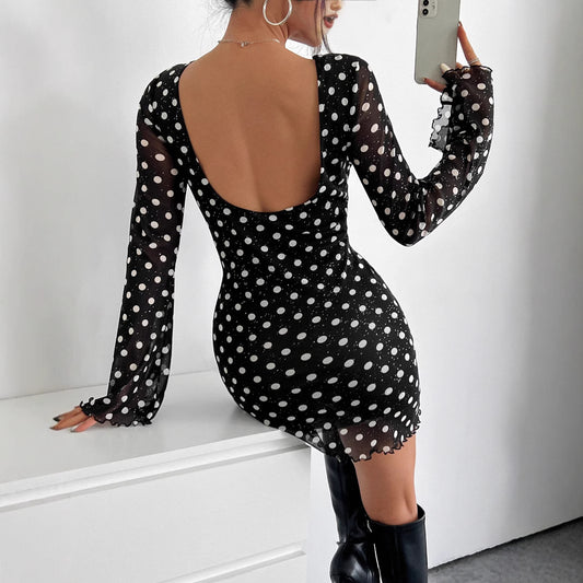 Elegant Mesh Polka Dot Backless Long Sleeve Dress