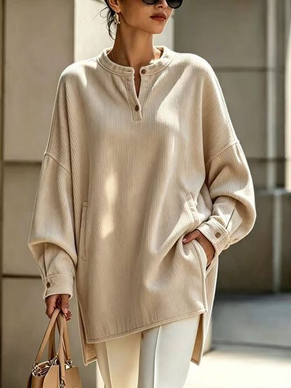 Women's Oversized Henley Tunic Textured Long Sleeve