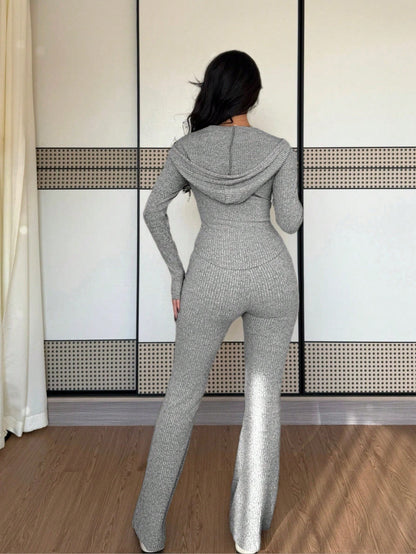 Women's Ribbed Half Zip Knit Top and Pants Matching Set