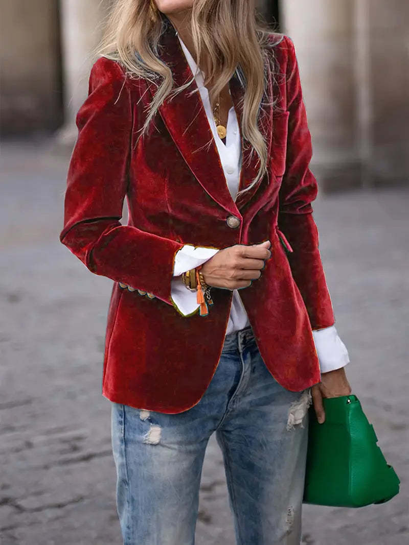 Women's Fitted Velvet Blazer Single Button Suit Jacket