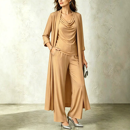 Women's 3 Piece Cowl Neck Long Cardigan Wide Leg Pants Set