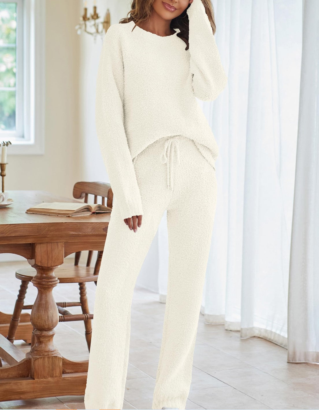Women's Cozy Knit Two Piece Lounge Set Long Sleeve Outfit