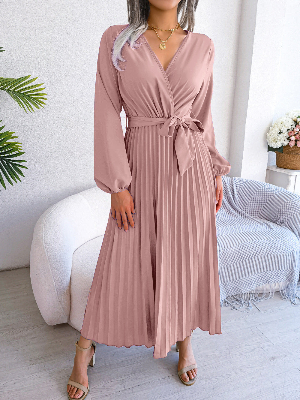 V-Neck Wrap Pleated Maxi Dress Long Sleeve Tie Waist