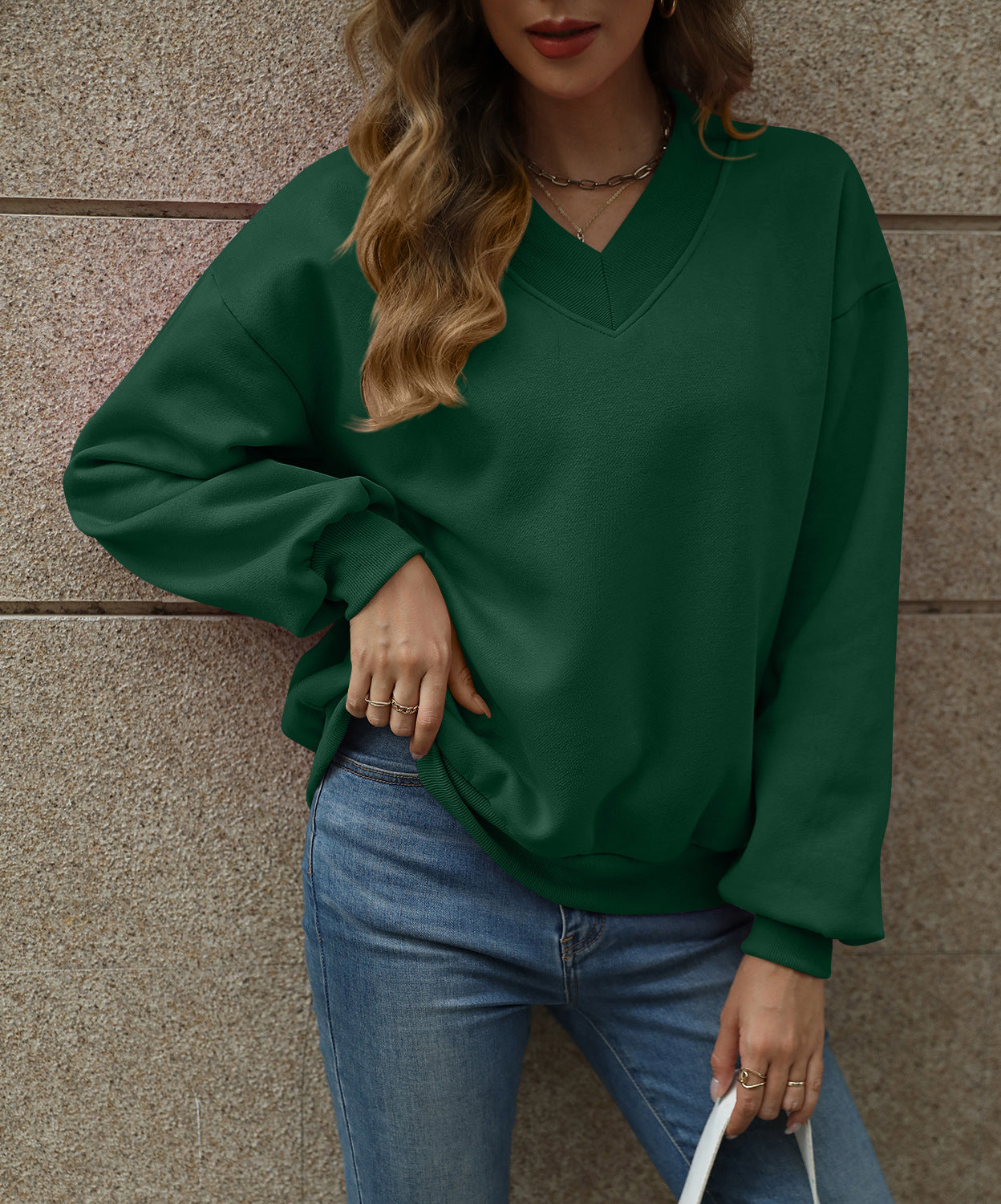 Colorblock V Neck Fleece Sweatshirt Women Casual Pullover Top