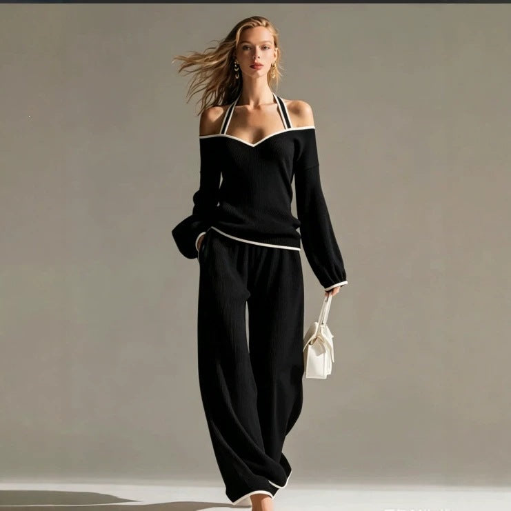 Off Shoulder Contrast Trim Knit Top and Pants Set