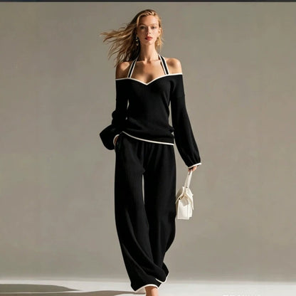 Off Shoulder Contrast Trim Knit Top and Pants Set