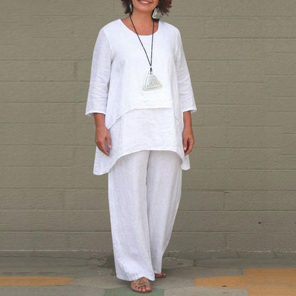 Linen Blend Two Piece Set Wide Leg Pants Plus Size Solid