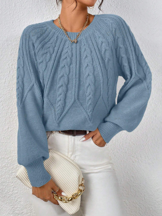 Women's Cable Knit Balloon Sleeve Crew Neck Sweater