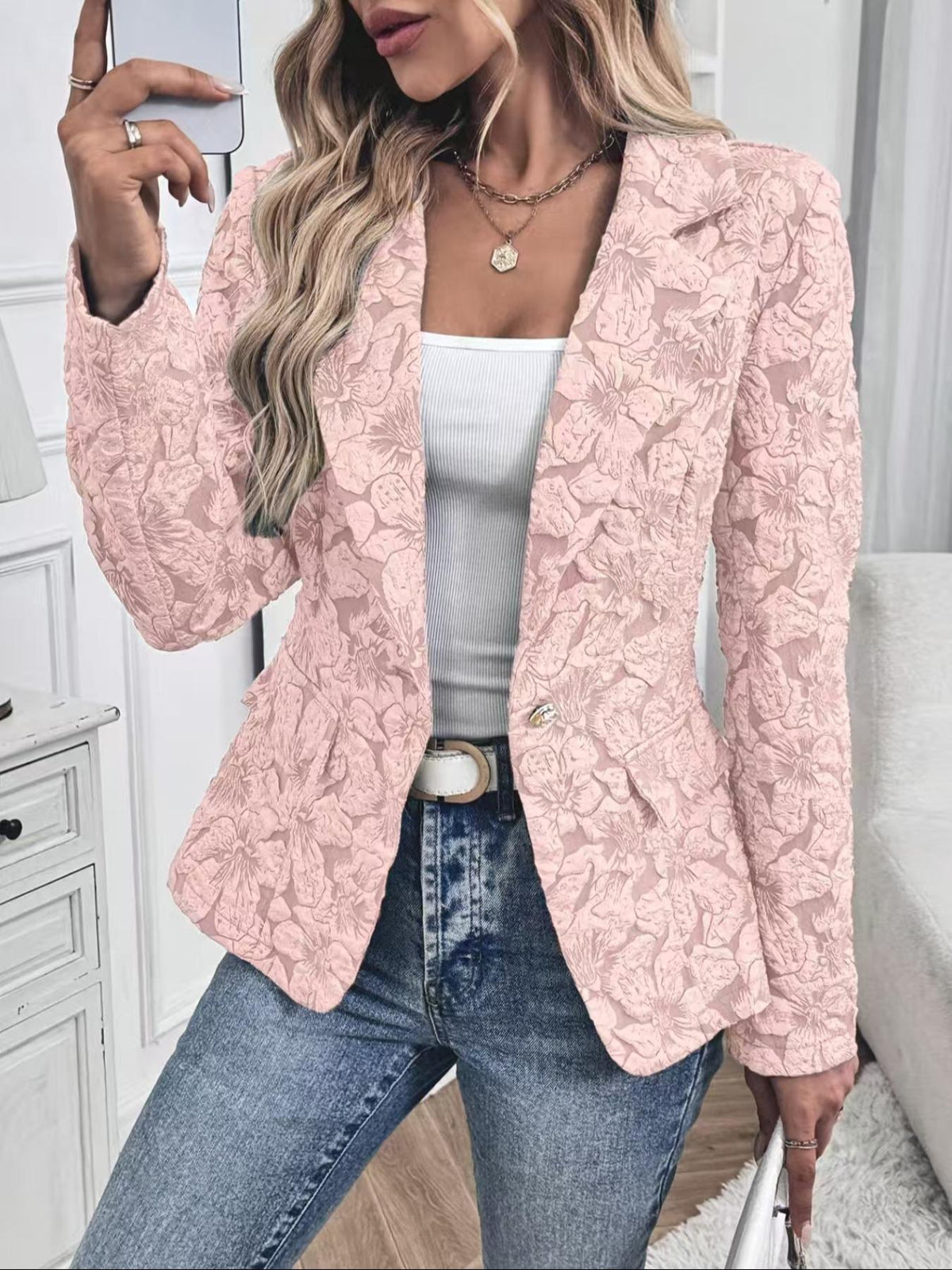 Women's Floral Jacquard Blazer Fitted Single Button Office