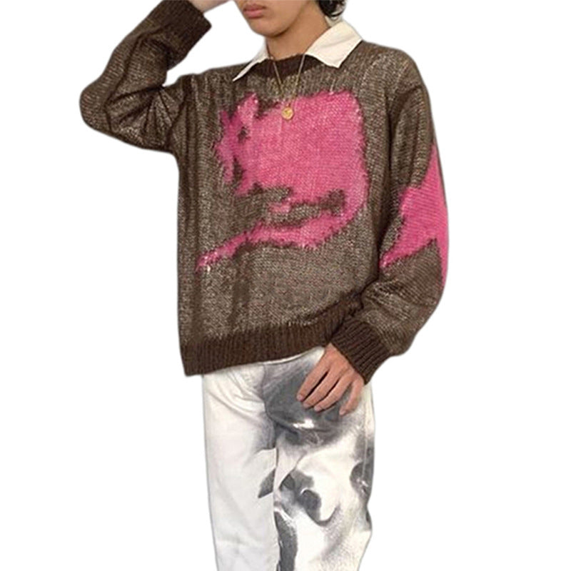 Y2K Mohair Star Sweater Oversized Fuzzy Crewneck Women