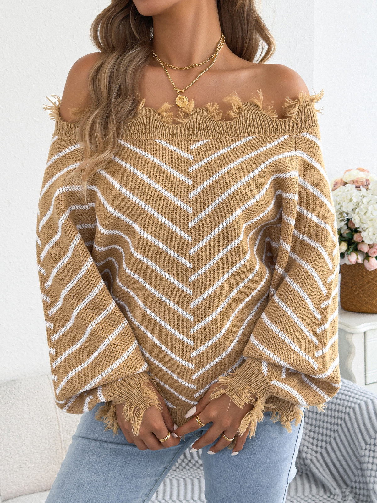 Off Shoulder Striped Fringe Sweater Balloon Sleeve Women