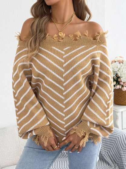 Off Shoulder Striped Fringe Sweater Balloon Sleeve Women