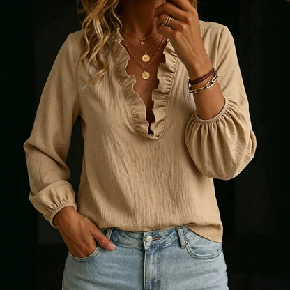 Ruffle V Neck Blouse Balloon Sleeve Long Sleeve Top