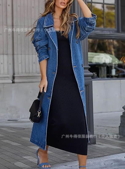 Womens Long Denim Trench Coat Oversized Vintage Jacket