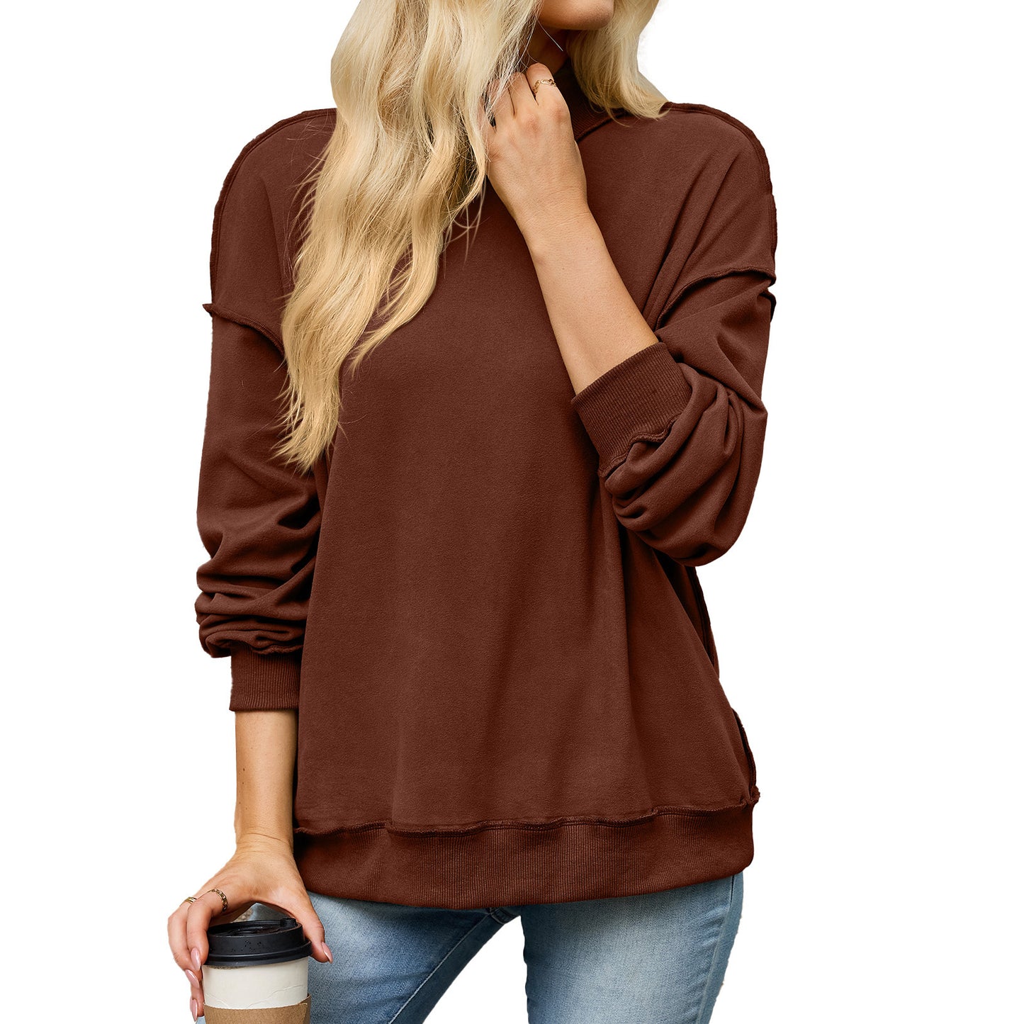 Women’s Mock Neck Exposed Seam Sweatshirt Pullover