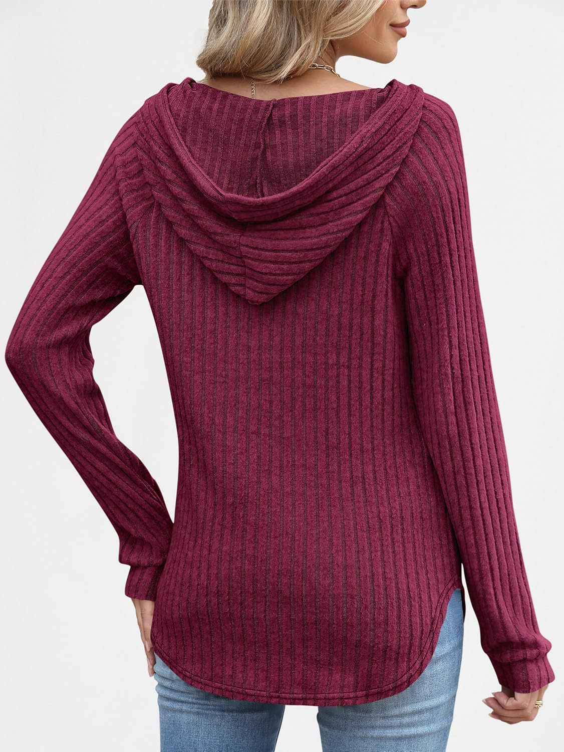 Women's Loose Hooded V Neck Button Ribbed Knit Sweater