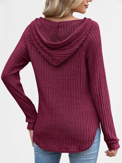 Women's Loose Hooded V Neck Button Ribbed Knit Sweater