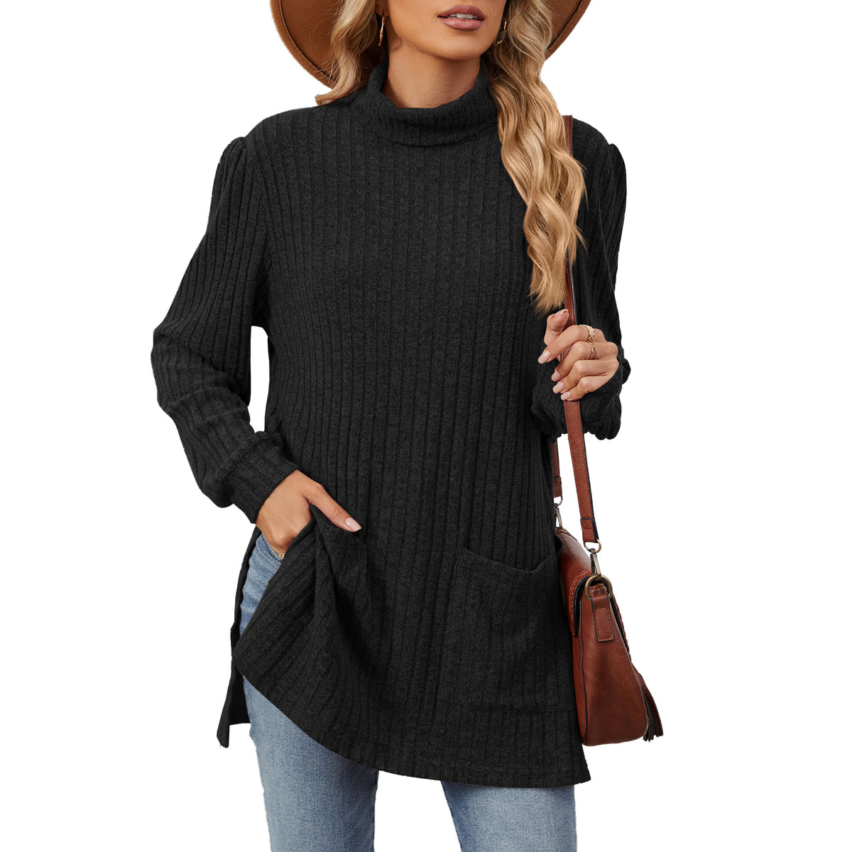 Women's Ribbed Mock Neck Long Sleeve Tunic with Pockets