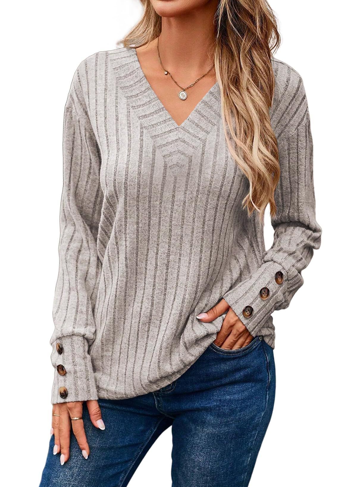 Women's V Neck Ribbed Long Sleeve Button Cuff Top