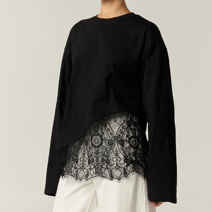 Women's Lace Hem Long Sleeve Top Relaxed Fit Cotton Tee