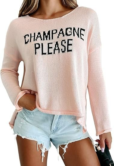 Women's Graphic Crew Neck Side Slit Knit Sweater