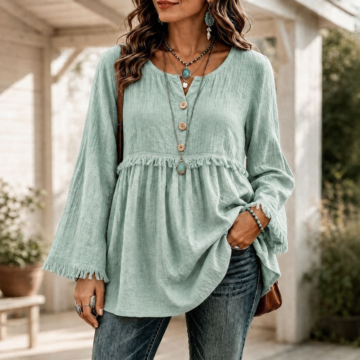 Fringe Trim Button Front Long Sleeve Boho Blouse