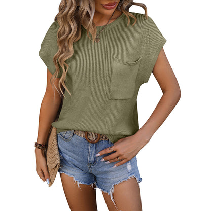 Women Crew Neck Short Sleeve Knit Top with Pocket