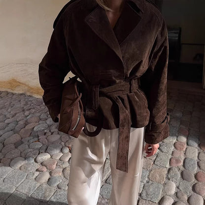 Women's Vintage Brown Belted Suede Jacket