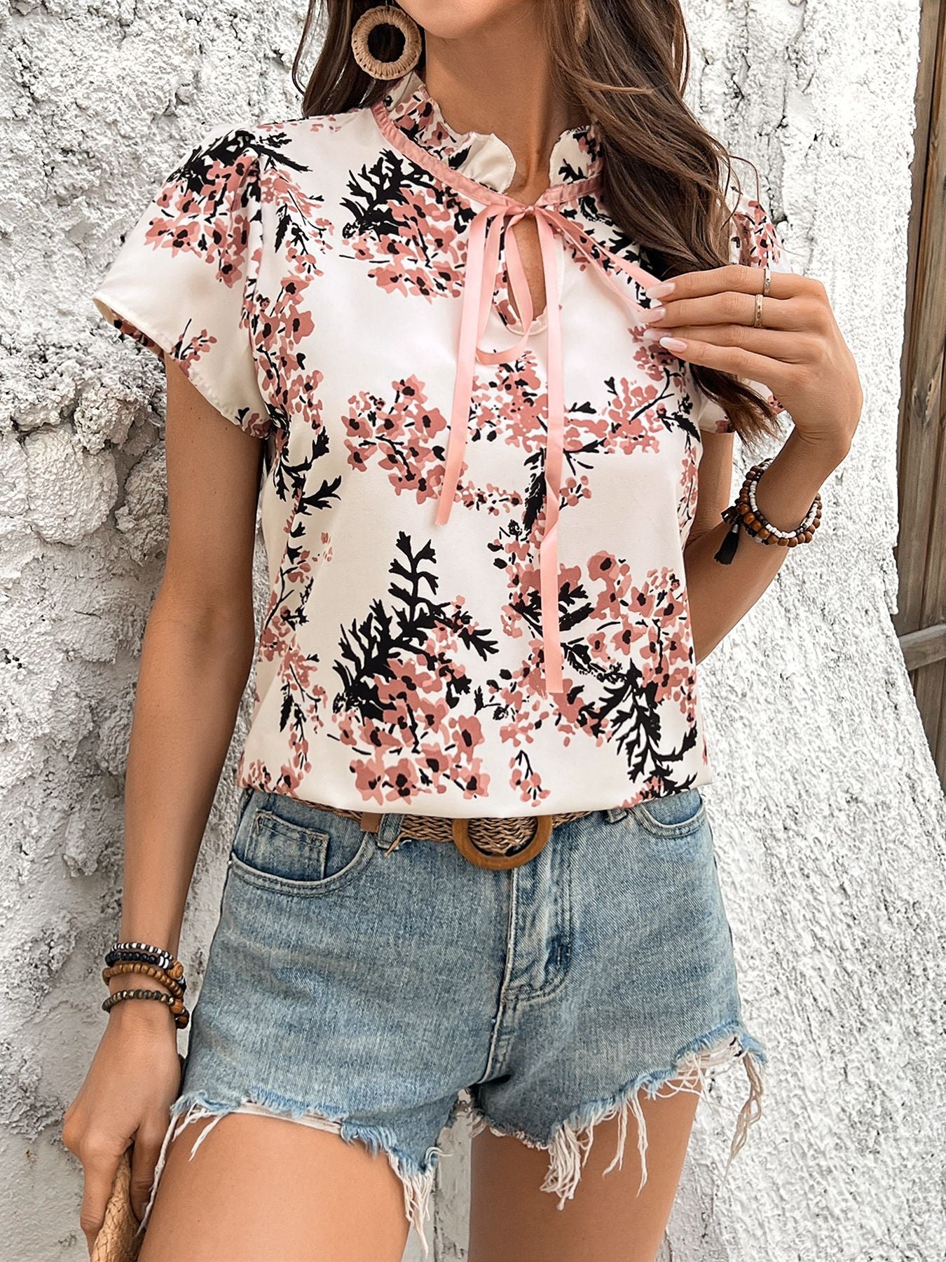 Floral Tie-Front Short Sleeve Blouse Summer Top for Women