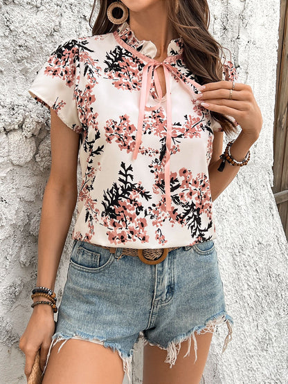 Floral Tie-Front Short Sleeve Blouse Summer Top for Women