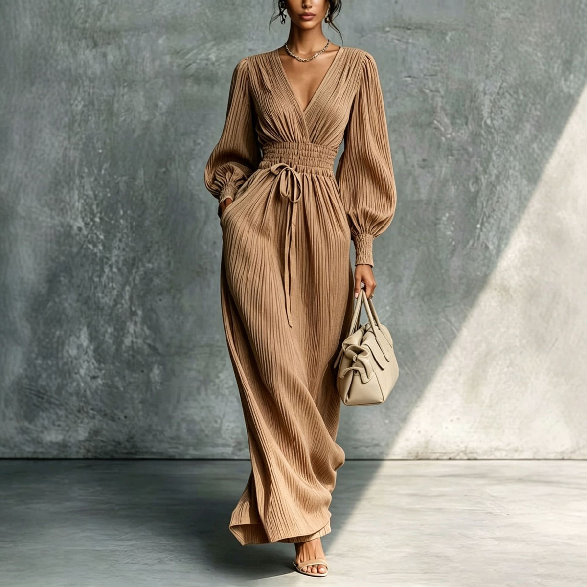 Women's V-Neck Long Sleeve Smocked Waist Maxi Dress