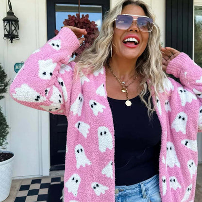 Halloween Ghost Fuzzy Oversized Open Front Cardigan