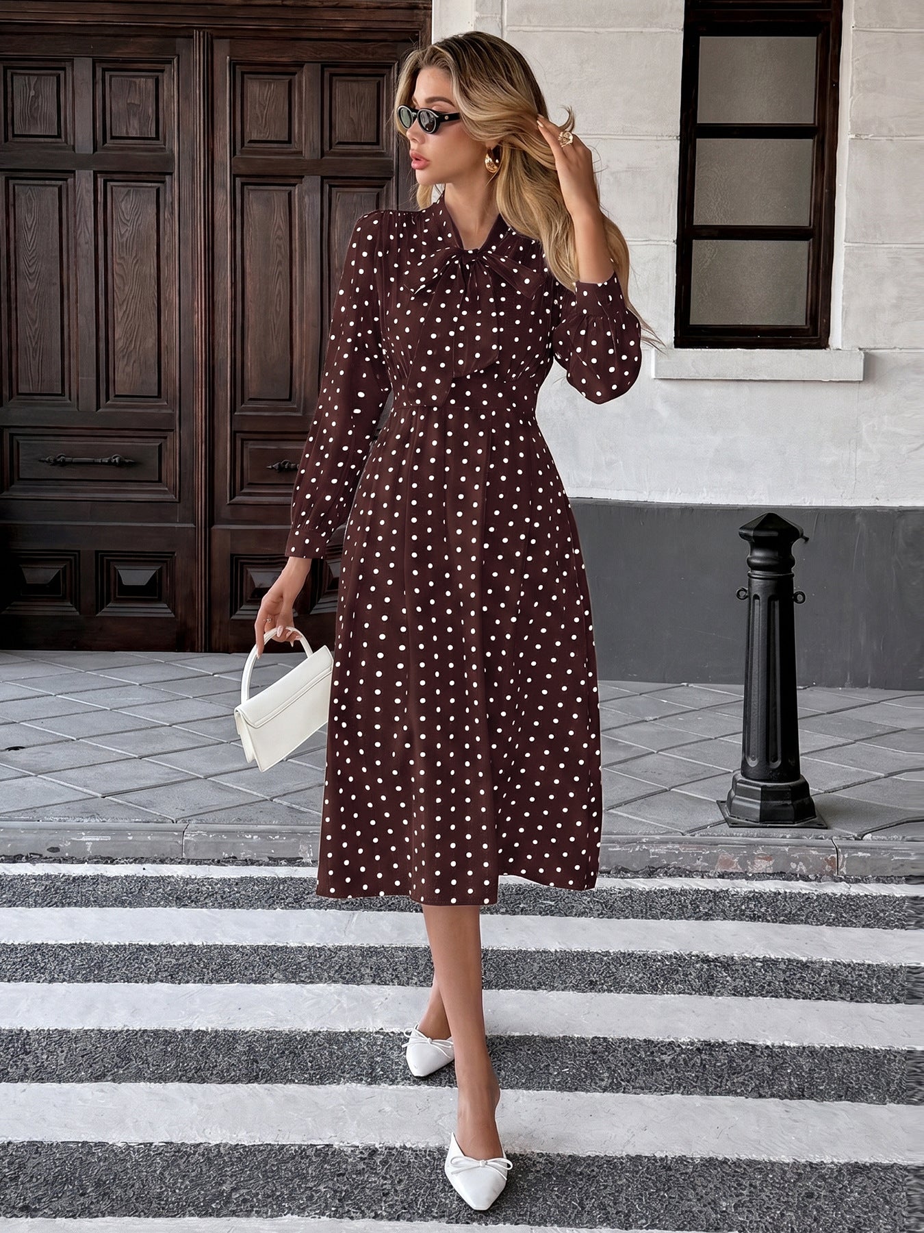Polka Dot Bow Tie Long Sleeve A-Line Midi Dress