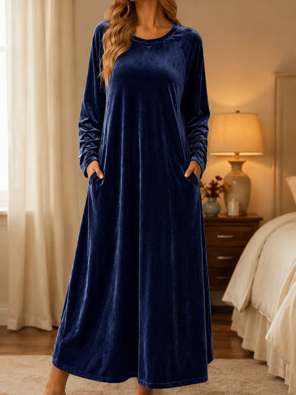Women's Long Sleeve Velvet Maxi Dress A-Line with Pockets